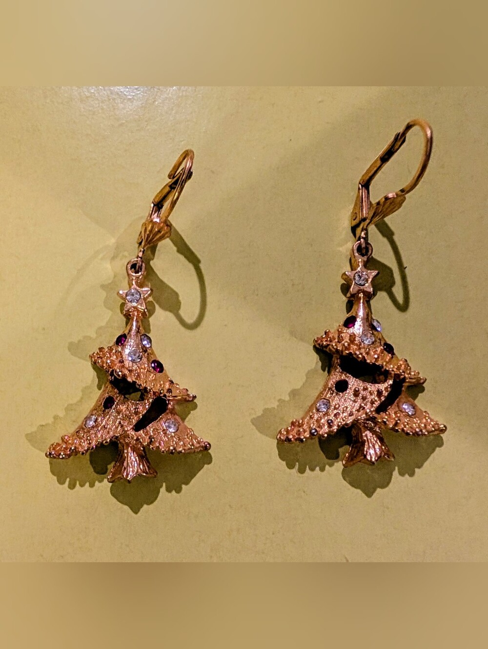 Vintage Gold-Tone Rhinestone Christmas Tree Drop Earrings - Festive